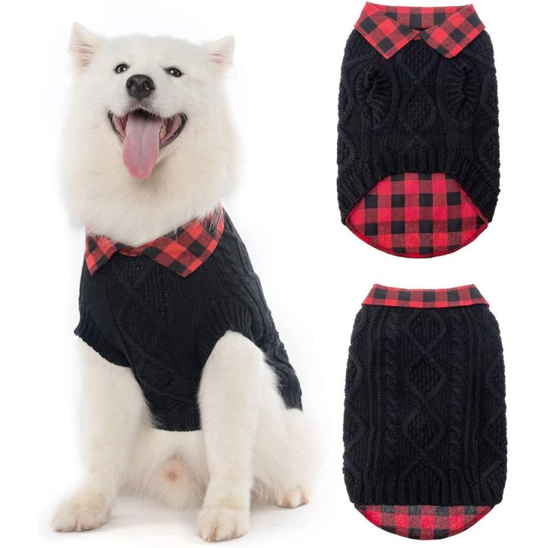 Warm Dog Sweater Winter Clothes - Plaid Patchwork Pet Doggy Knitted Sweaters Comfortable Coats for Cold Weather, Fit for Small