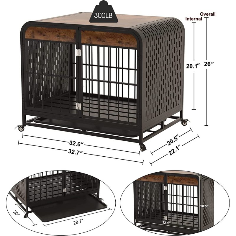 Removable Tray and Lockable Wheel Metal Dog Kennel Playpen Crate Indestructible