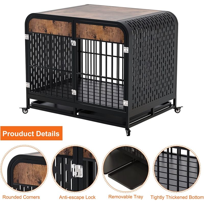 Removable Tray and Lockable Wheel Metal Dog Kennel Playpen Crate Indestructible