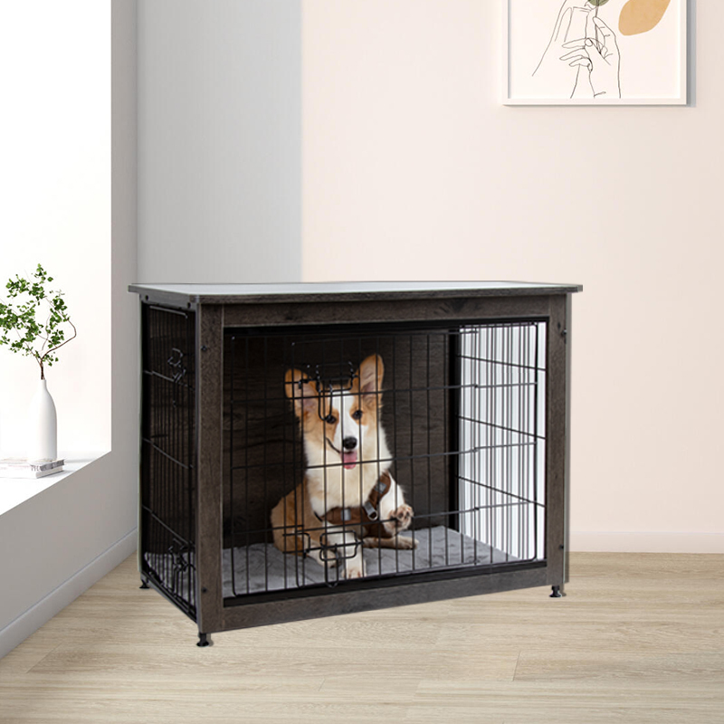Double Doors Modern Side End Table Wooden Pet Furniture Dog Kennel Crate