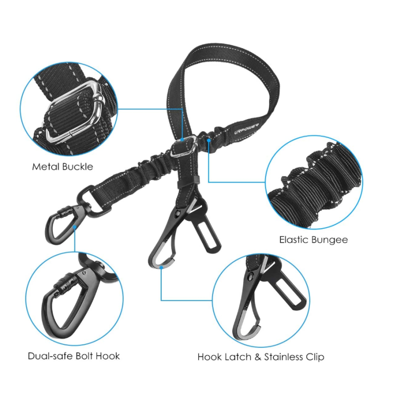 Dog Car Seatbelt Adjustable Pet Cat Dog Seat Belt Harness with Elastic Nylon Bungee Buffer and Latch Bar Attachment