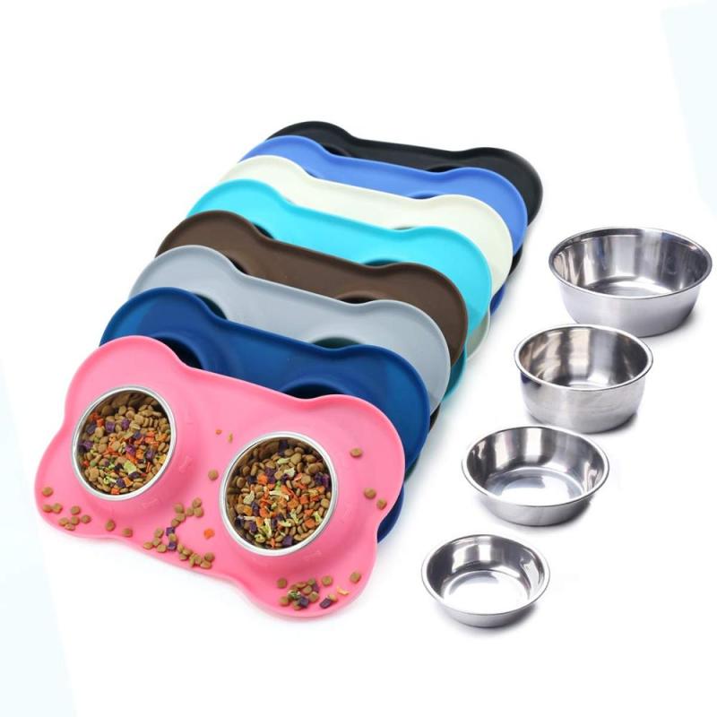 Dog Bowls Stainless Steel Water and Food Feeder with Non Spill Skid Resistant Silicone Mat for Pets raised cat bowl