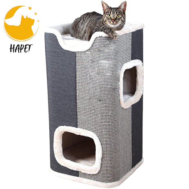 Cat Condo 2 Story Double Hole with Scratching Surface With Sisal Mat ,Gray