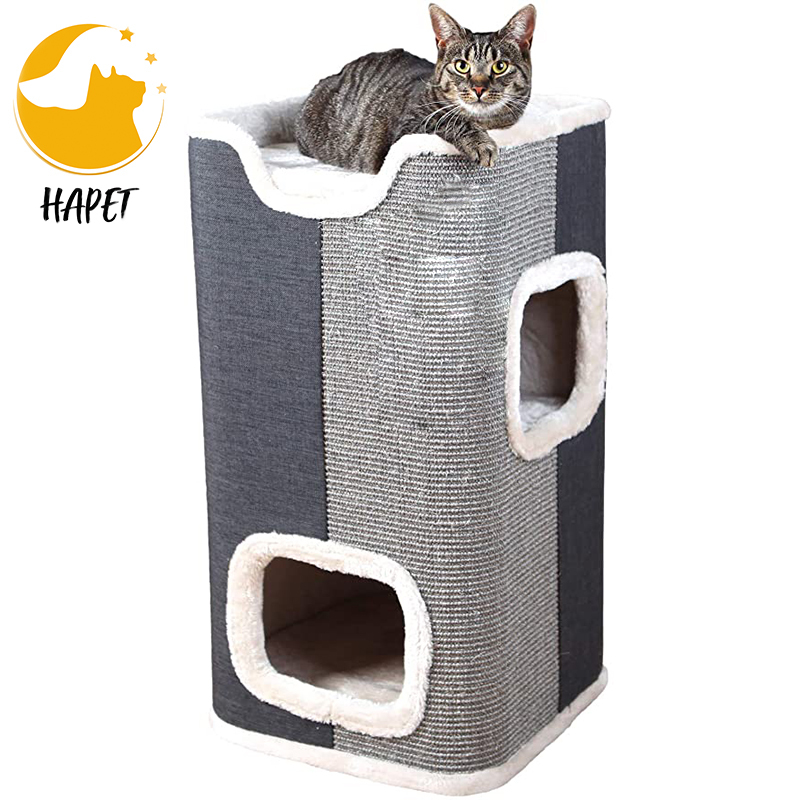 Cat Condo 2 Story Double Hole with Scratching Surface With Sisal Mat ,Gray