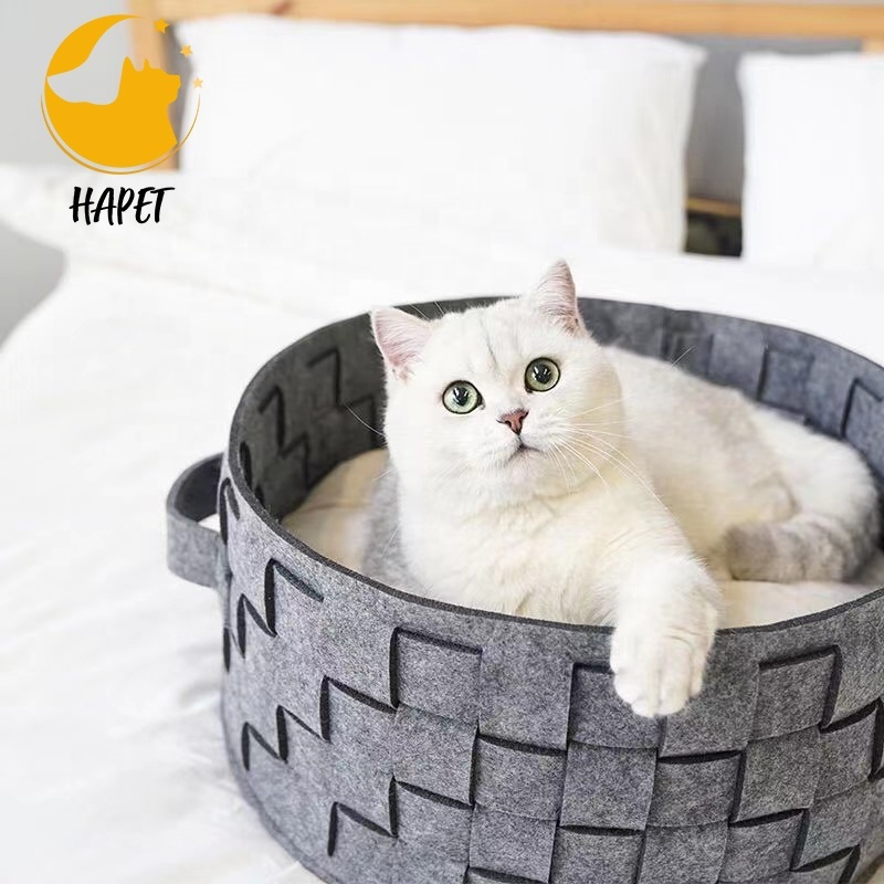 Universal Four Seasons Home Warm Woven Felt Round Basket Pet Sleeping Nest Cat Bed With Plump Pillow