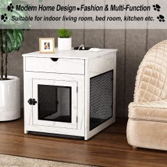 Wooden Dog Crate with Storage Drawer&Pad&Tray, Support Wired/Wireless Charging, Dog Crate Furniture Small Dog Kennel Indoor, Dog