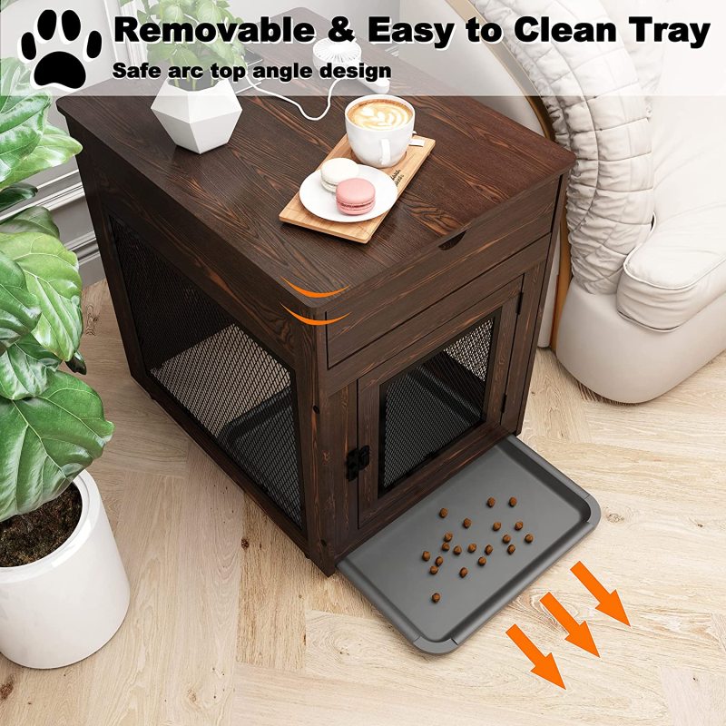Wooden Dog Crate with Storage Drawer&Pad&Tray, Support Wired/Wireless Charging, Dog Crate Furniture Small Dog Kennel Indoor, Dog