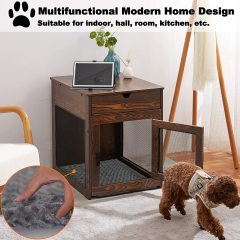 Wooden Dog Crate with Storage Drawer&Pad&Tray, Support Wired/Wireless Charging, Dog Crate Furniture Small Dog Kennel Indoor, Dog