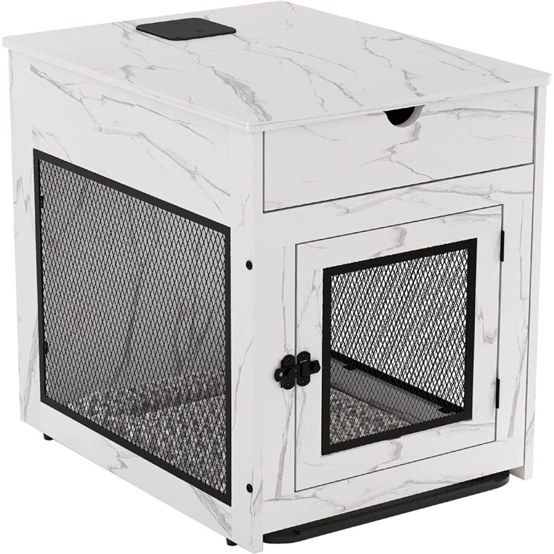 Wooden Dog Crate with Storage Drawer&Pad&Tray, Support Wired/Wireless Charging, Dog Crate Furniture Small Dog Kennel Indoor, Dog