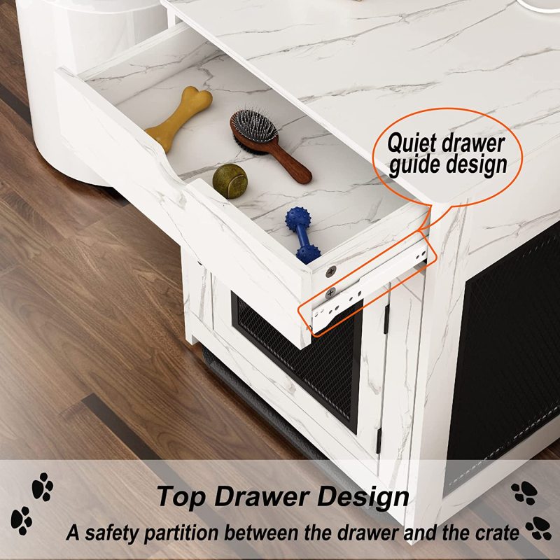 Wooden Dog Crate with Storage Drawer&Pad&Tray, Support Wired/Wireless Charging, Dog Crate Furniture Small Dog Kennel Indoor, Dog