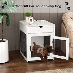 Wooden Dog Crate with Storage Drawer&Pad&Tray, Support Wired/Wireless Charging, Dog Crate Furniture Small Dog Kennel Indoor, Dog