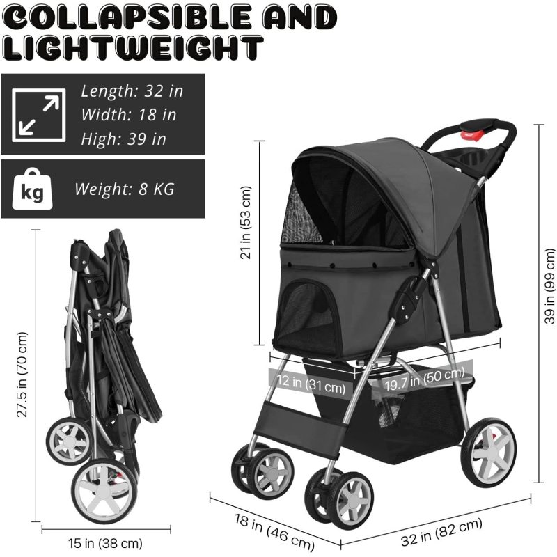 Pet Stroller (Black) Dog Cat Small Animals Carrier Cage 4 Wheels Folding Easy to Carry for Jogger Jogging Walking