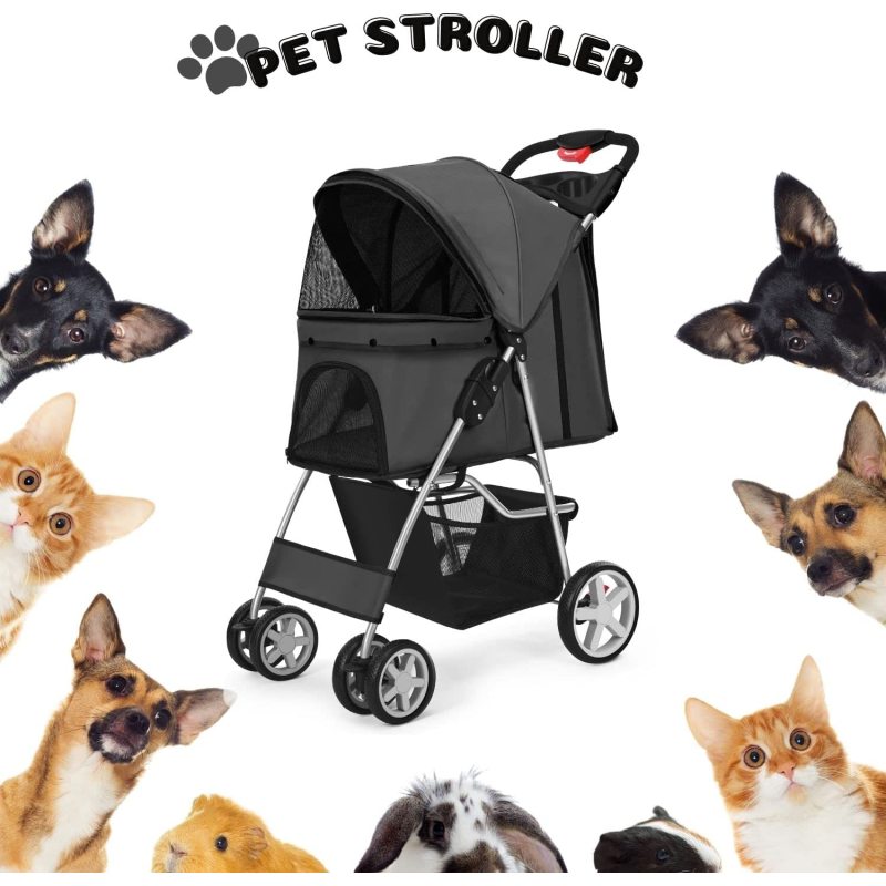 Haustier-Kinderwagen (schwarz) für Hunde, Katzen und kleine Tiere, Transportkäfig, 4 Räder, zusammenklappbar, leicht zu tragen, für Jogger, Joggen und Gehen