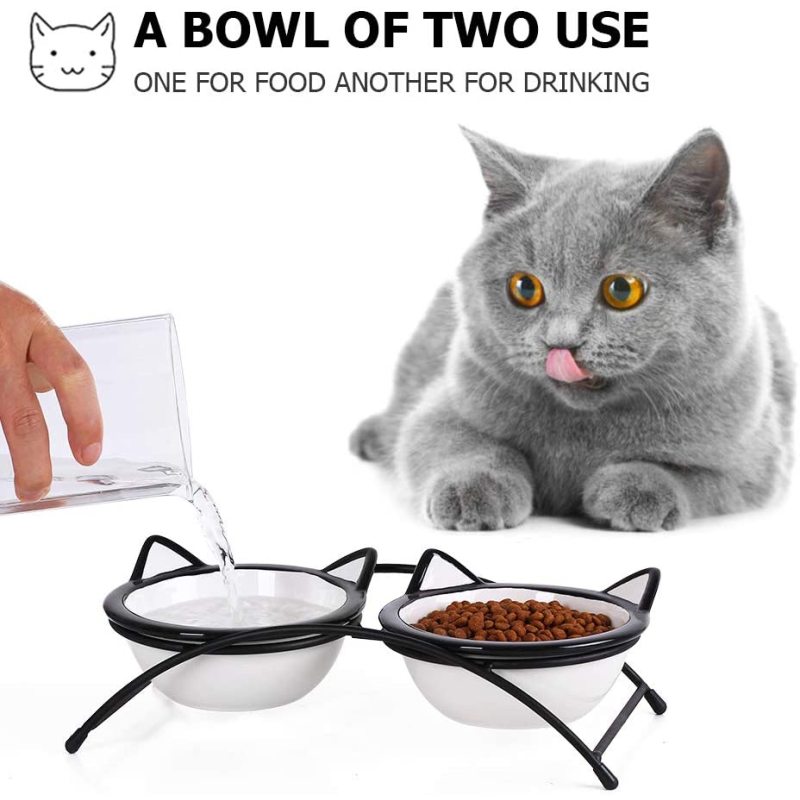 Wholesale Cat Bowl With Cartoon Pet Ceramic Bowl With Iron Frame Double Bowl For Dual Use For Pet
