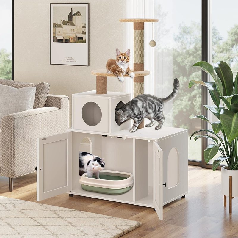 Wooden Cat House with Cat Tree Tower Cat Litter Box Litter Cabinet