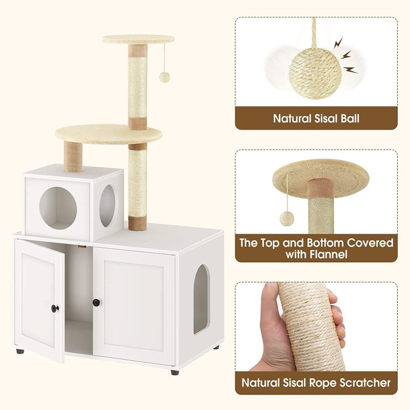 Wooden Cat House with Cat Tree Tower Cat Litter Box Litter Cabinet