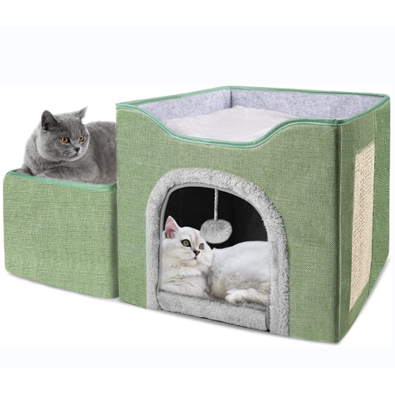 Kitten Bed Foldable Multi functional Cat House Furniture with Fluffy Ball and Scratching Pad