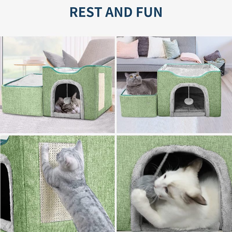 Kitten Bed Foldable Multi functional Cat House Furniture with Fluffy Ball and Scratching Pad