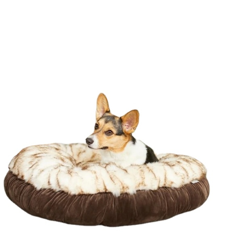 Winter Dog Beds Luxury Faux Fur Velvet Round Bolster Cat Dog Bed Warm Pet Beds for Cats Dogs