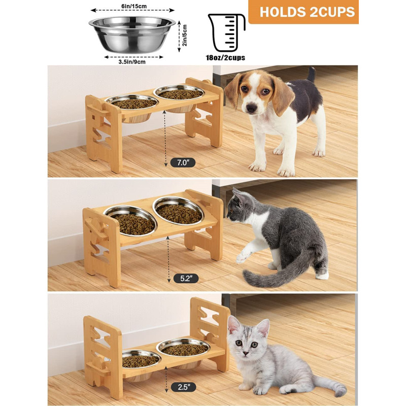 Durable Bamboo Dog Feeder Adjustable Raised Dog Bowls  for Dogs