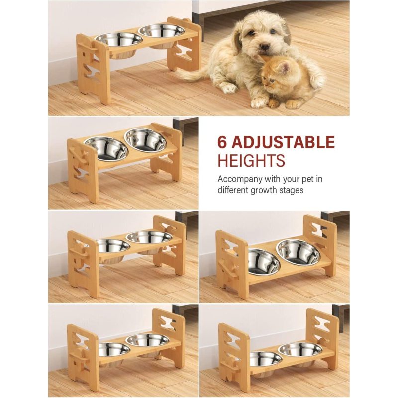 Durable Bamboo Dog Feeder Adjustable Raised Dog Bowls  for Dogs