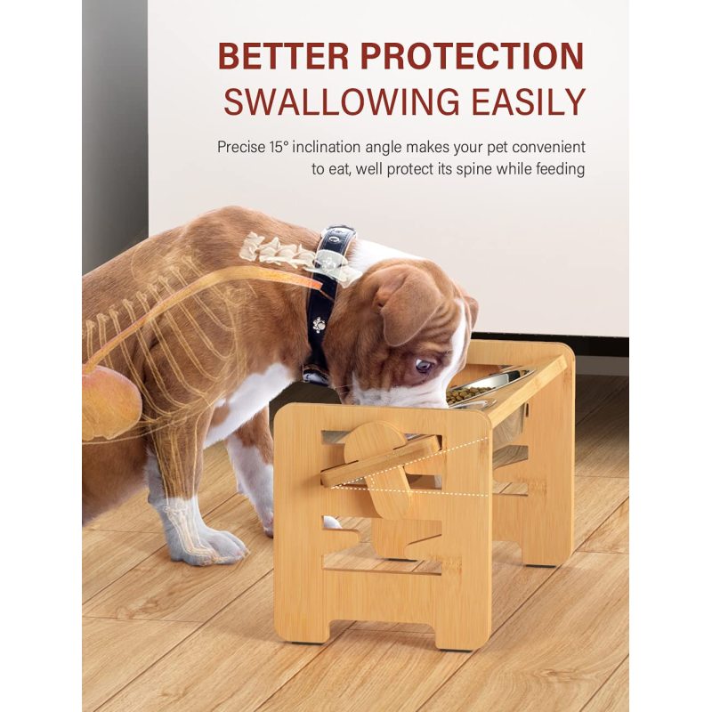 Durable Bamboo Dog Feeder Adjustable Raised Dog Bowls  for Dogs