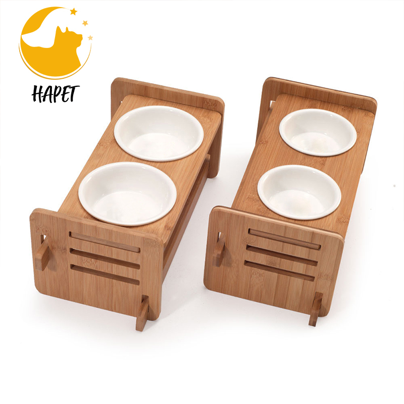 Simple wooden pet bowl stand creative pet shop ceramic cat bowl stand bamboo wooden dog and cat feeding utensil