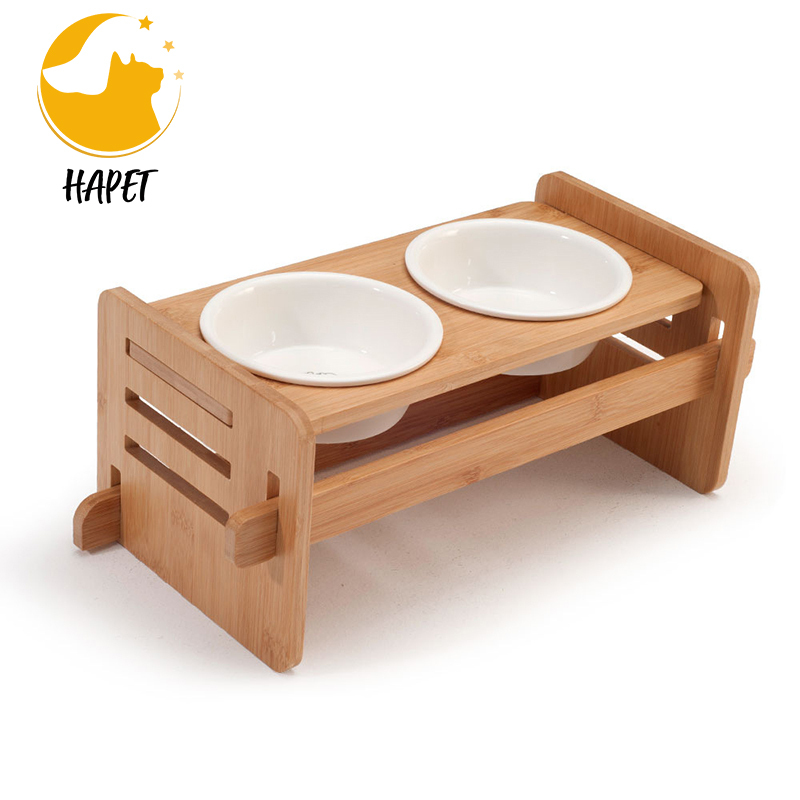 Simple wooden pet bowl stand creative pet shop ceramic cat bowl stand bamboo wooden dog and cat feeding utensil