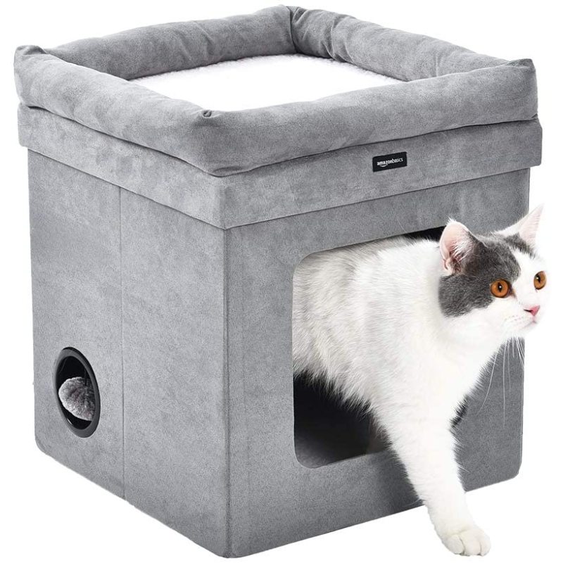 Cat Cube, Foldable Cat Cubes for Indoor Cats, Cat House Indoor - Large Cat Bed with Fluffy Ball Hanging and Scratch Pad