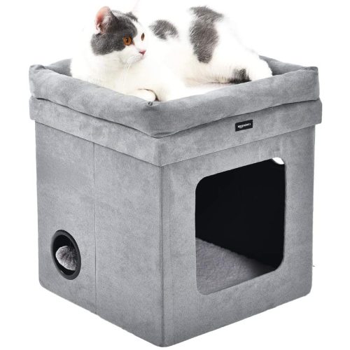 Cat Cube, Foldable Cat Cubes for Indoor Cats, Cat House Indoor - Large Cat Bed with Fluffy Ball Hanging and Scratch Pad