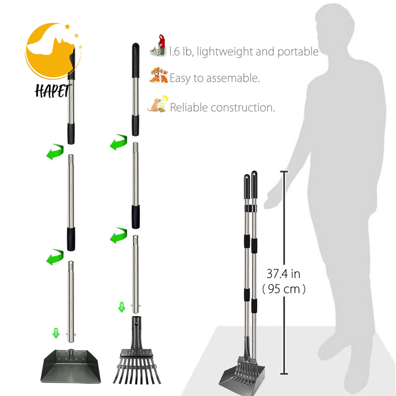 Extra Large Poop Scooper for Large and Small Dogs with Long Handle Metal Pet Poop Tray and Rake Set for Dirt