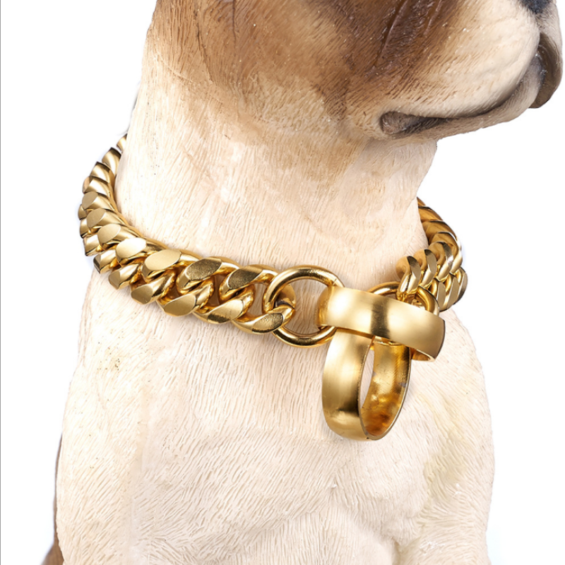 Gold Chain Dog Collar Heavy Duty Stainless Steel Cuban Link Dog Collar Chain Stainless Steel Dog Necklace