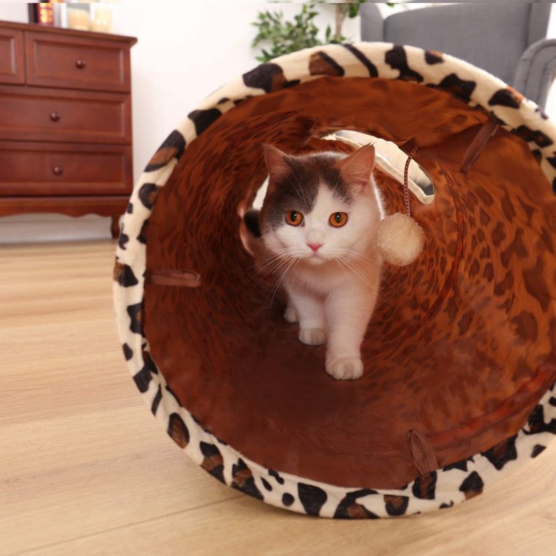 Plush Leopard Printed Single Pass Cat Tunnel Tickling Paper Soft Collapsible Cat Tunnel Pet Cat Toy