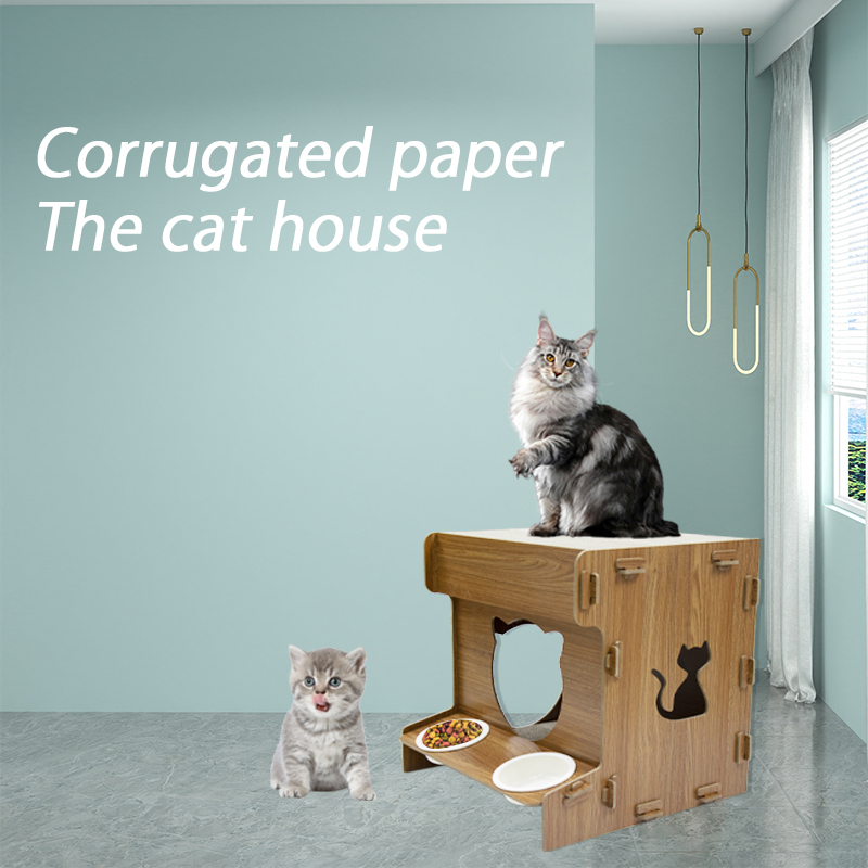 Cat Cage Home with Feeding Bowls Cat House Wood with Scratcher Board Wooden Cat Bed Furniture