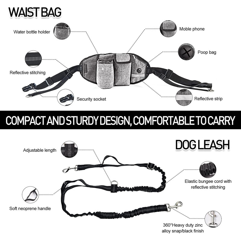 Dual-Handle Reflective  Bungee  Dog Waist Leash Retractable for Walking Hiking