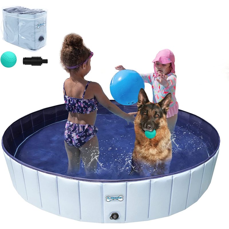 Foldable Dog Pool Collapsible Heavy Duty PVC Pet BathTub  and Puppies, 63 X 12 inch, XL 2021 Upgrade Version