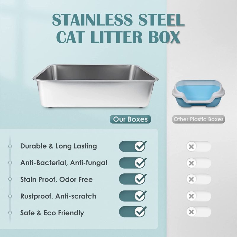 Stainless Steel Cat Litter Box, Large Metal Litter Box for Cats Rabbits, Never Absorbs Odors,Stain Free, Rustproof, Non Stick
