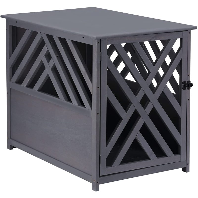 Furniture Style Decorative Dog Cage Kennel Wood Dog Crate End Table Lattice Night Stand with Lockable Door