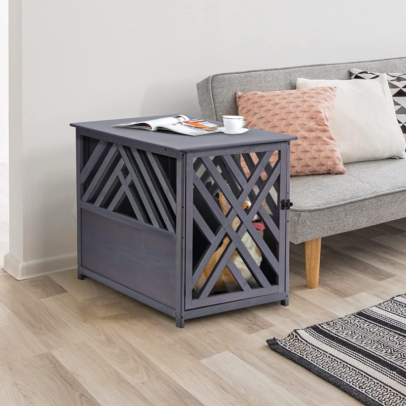 Furniture Style Decorative Dog Cage Kennel Wood Dog Crate End Table Lattice Night Stand with Lockable Door