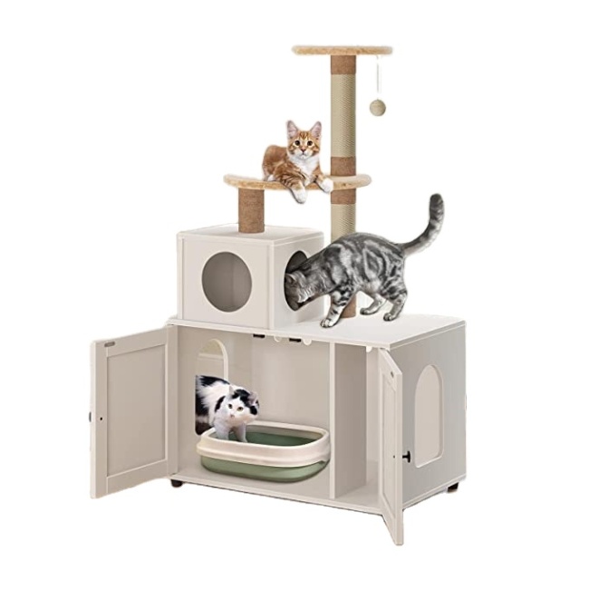 Manufacturer Cat Litter Box Enclosure Enlarged Cat Litter Cabinet Wooden House with Cat Tree Tower