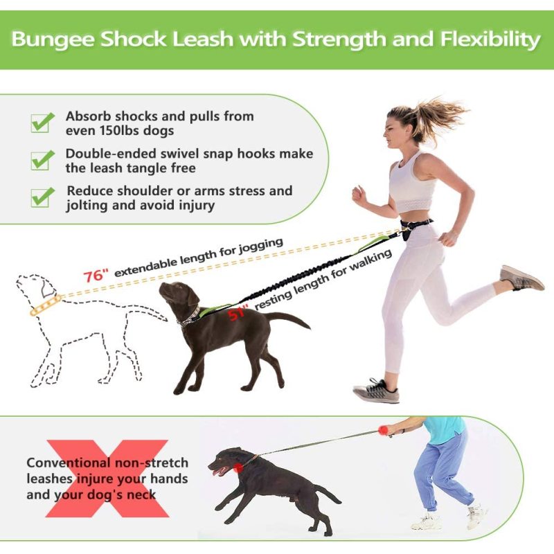 Reflective Stitches Jogging Hiking Extendable Adjustable Running Leash  for Small Medium and Large Dog
