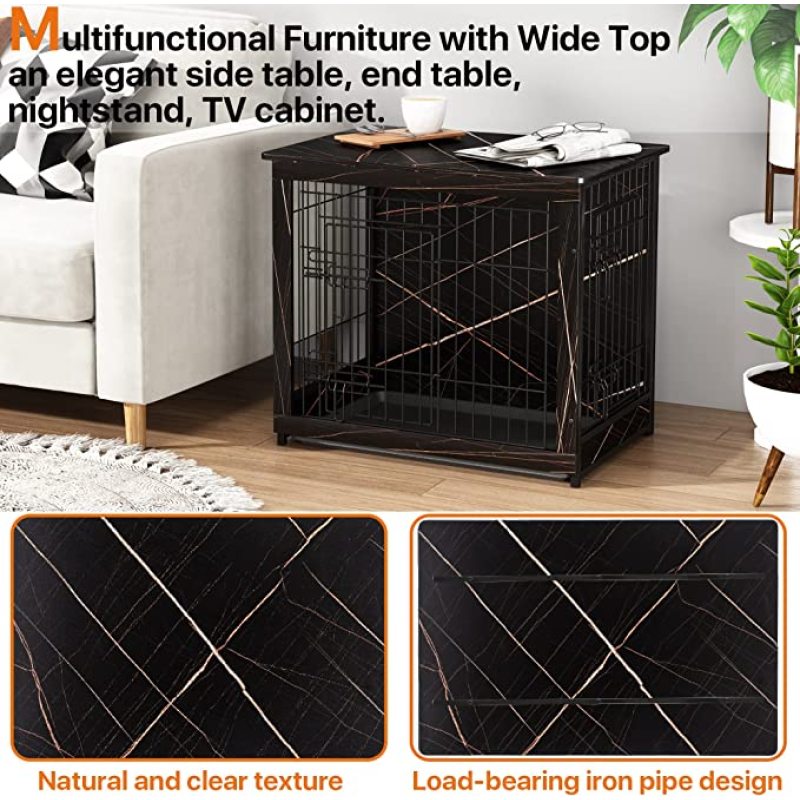 Wooden Dog Crate Furniture End Table for Small Dogs, Double Doors Dog Crate with Slide Tray, Dog Kennels Indoor