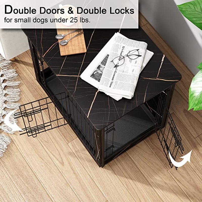 Wooden Dog Crate Furniture End Table for Small Dogs, Double Doors Dog Crate with Slide Tray, Dog Kennels Indoor