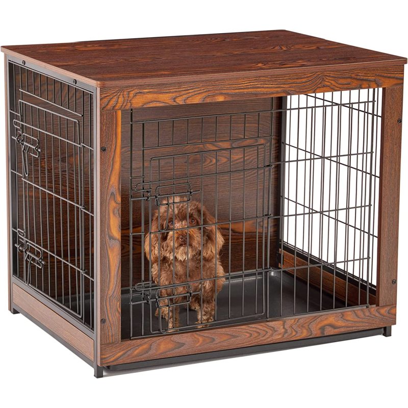 Wooden Dog Crate Furniture End Table for Small Dogs, Double Doors Dog Crate with Slide Tray, Dog Kennels Indoor