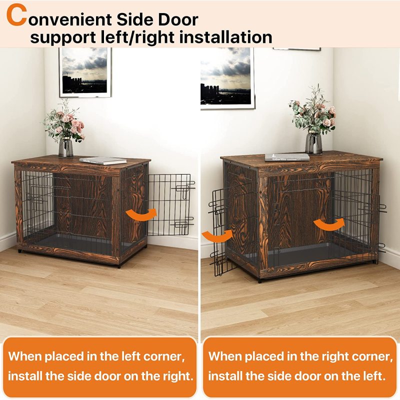 Wooden Dog Crate Furniture End Table for Small Dogs, Double Doors Dog Crate with Slide Tray, Dog Kennels Indoor