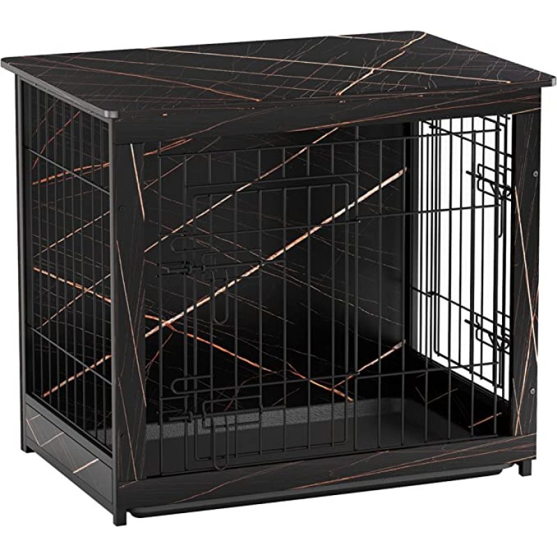 Wooden Dog Crate Furniture End Table for Small Dogs, Double Doors Dog Crate with Slide Tray, Dog Kennels Indoor