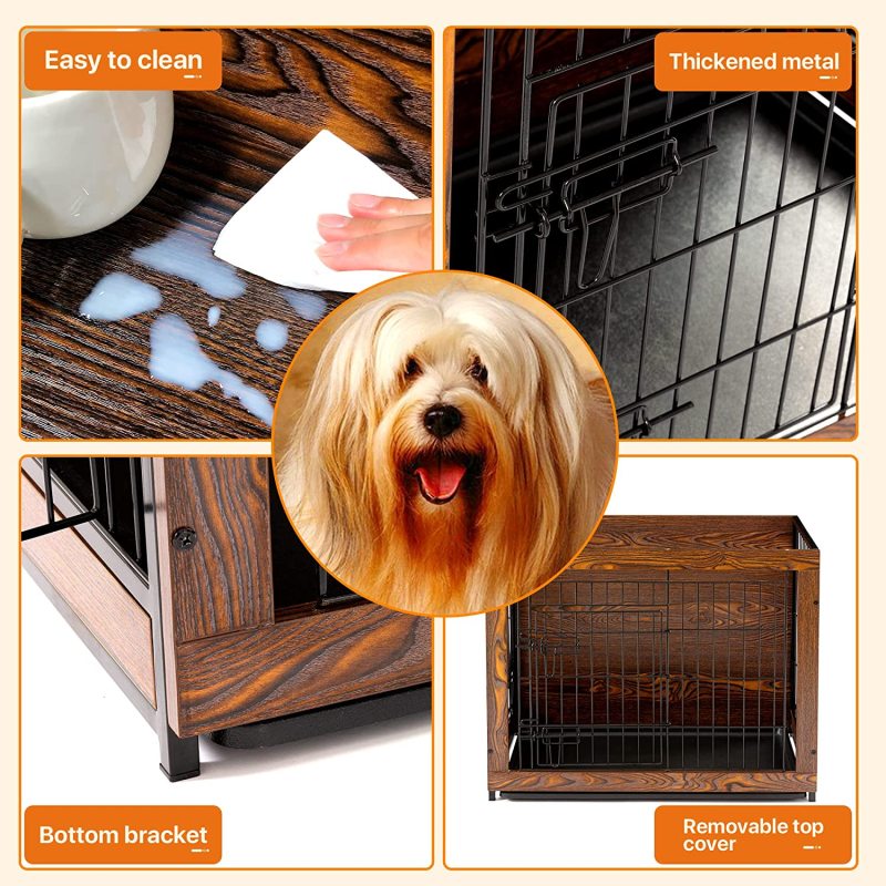 Wooden Dog Crate Furniture End Table for Small Dogs, Double Doors Dog Crate with Slide Tray, Dog Kennels Indoor