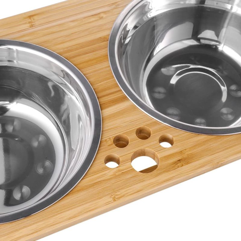 Stainless Steel Bamboo Elevated Bowls Anti Slip Feet  for Cats and Small Dogs