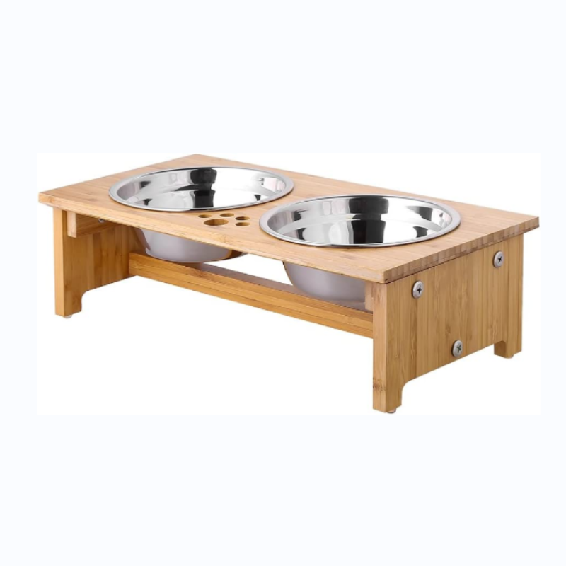 Stainless Steel Bamboo Elevated Bowls Anti Slip Feet  for Cats and Small Dogs