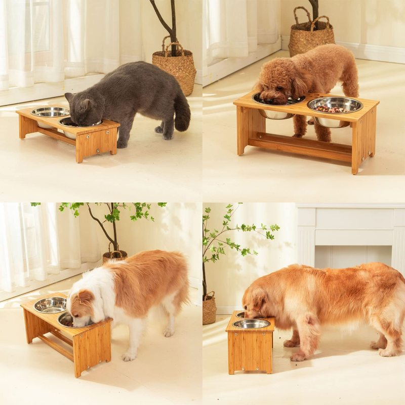 Stainless Steel Bamboo Elevated Bowls Anti Slip Feet  for Cats and Small Dogs